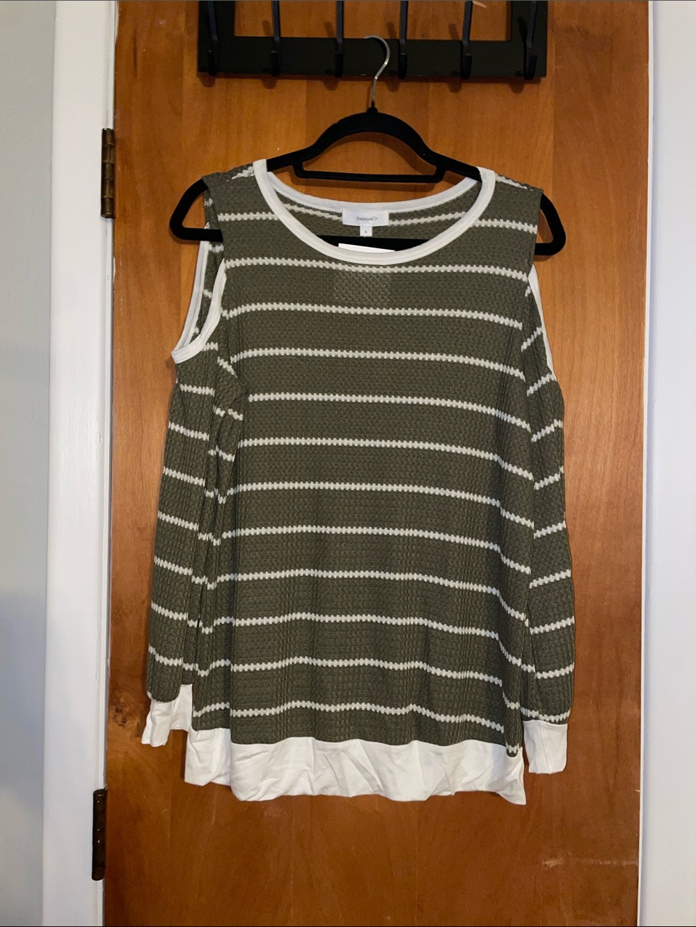 Off-The-Shoulder Olive Striped Sweater with White Trim -